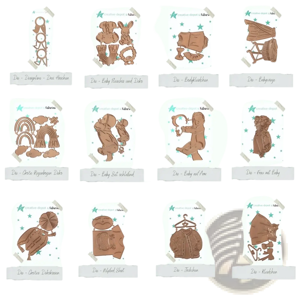 Brown metal baby-themed easter egg rabbit cutting dies with intricate clothing and playful accessory designs