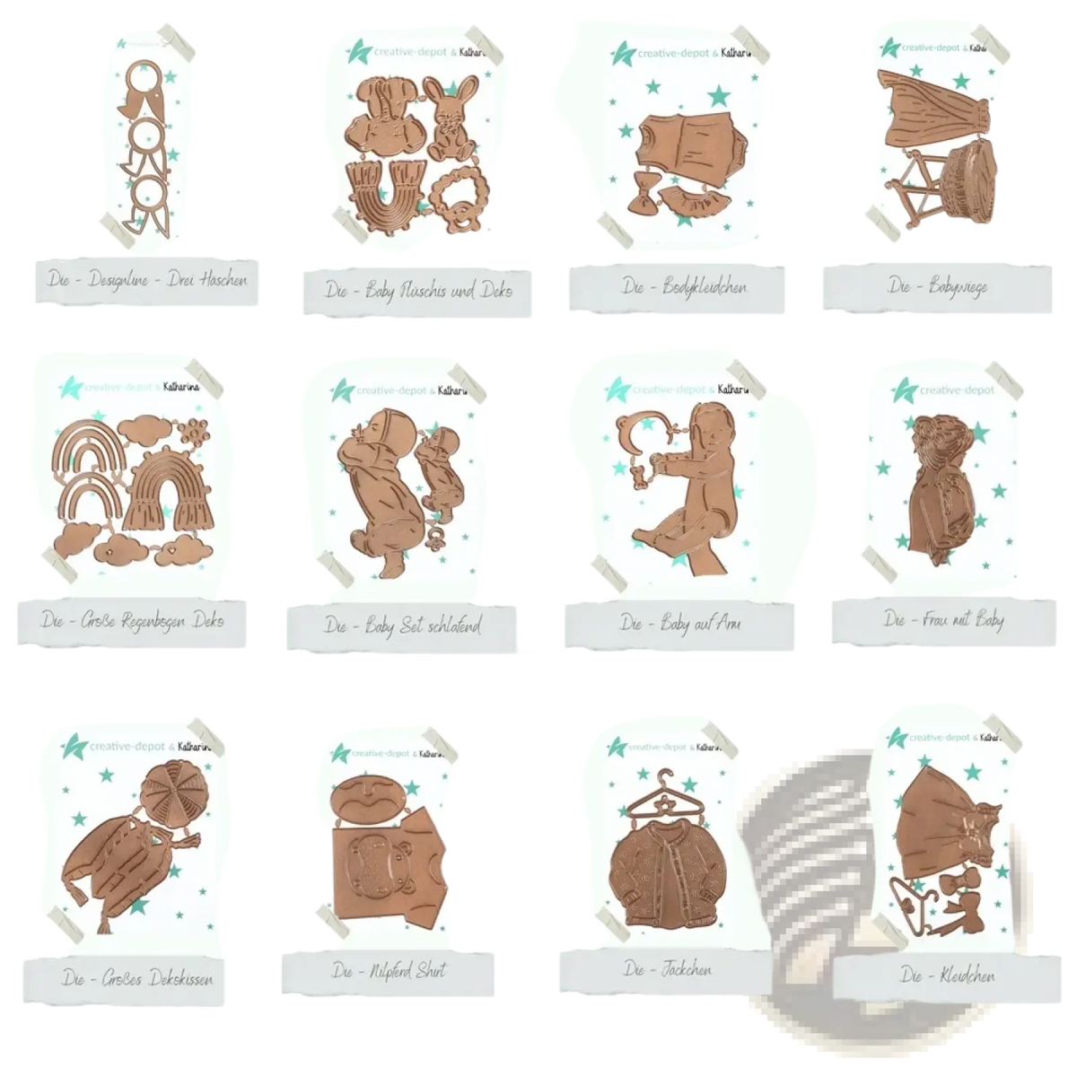 Brown metal baby-themed easter egg rabbit cutting dies with intricate clothing and playful accessory designs