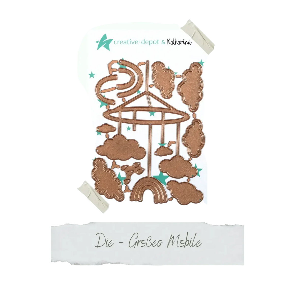 Copper-colored metal Easter egg rabbit baby cutting dies featuring a whimsical mobile design with clouds stars and rainbow