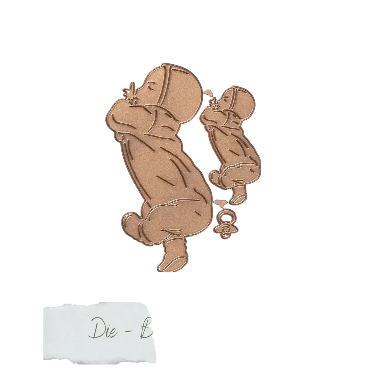 Copper-colored metal cutting die pin featuring two stylized baby figures in a playful pose for easter egg rabbit designs