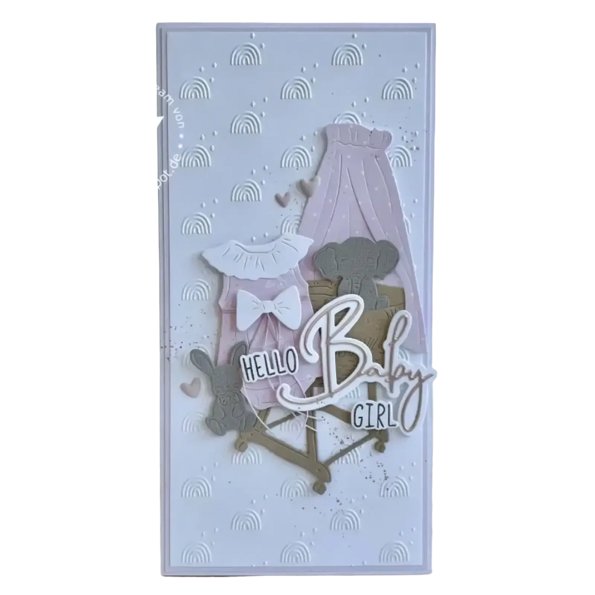 A delicate lavender Easter egg rabbit baby cutting die featuring layered die-cut baby girl greeting card elements