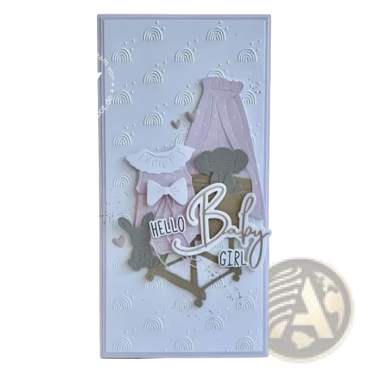A delicate lavender Easter egg rabbit baby cutting die featuring layered die-cut baby girl greeting card elements
