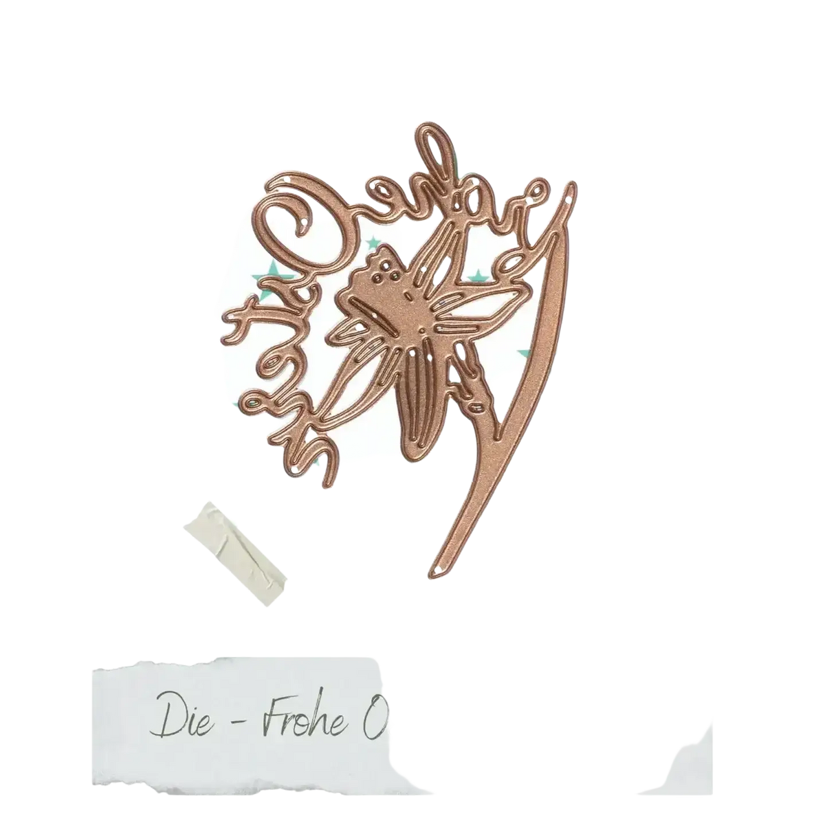 A delicate rose gold metal die-cut fairy charm with intricate wings and leaves for easter egg rabbit cutting dies
