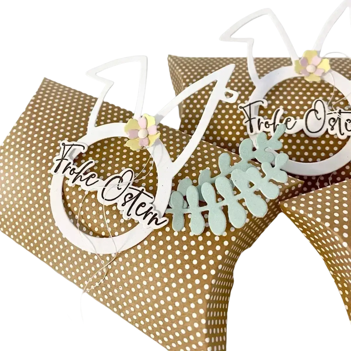 Gold polka-dot easter egg gift box with white bunny cutouts and pastel flower decoration for easter egg rabbit cutting dies