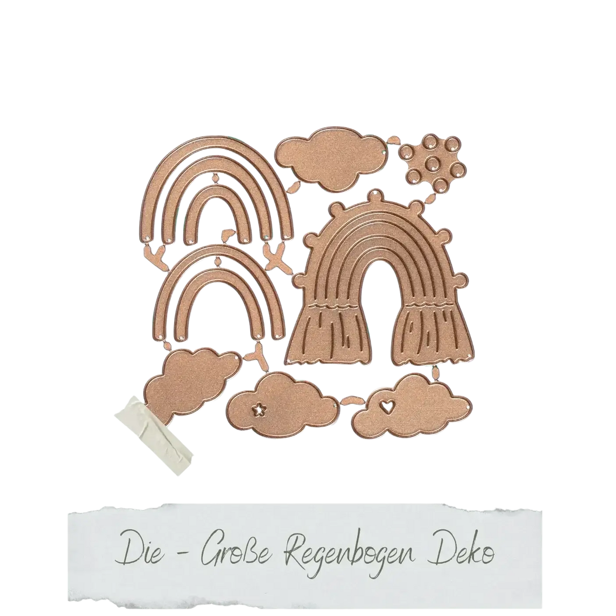 Rose gold metallic die-cut set featuring rainbows clouds stars and hearts for easter egg rabbit baby cutting dies