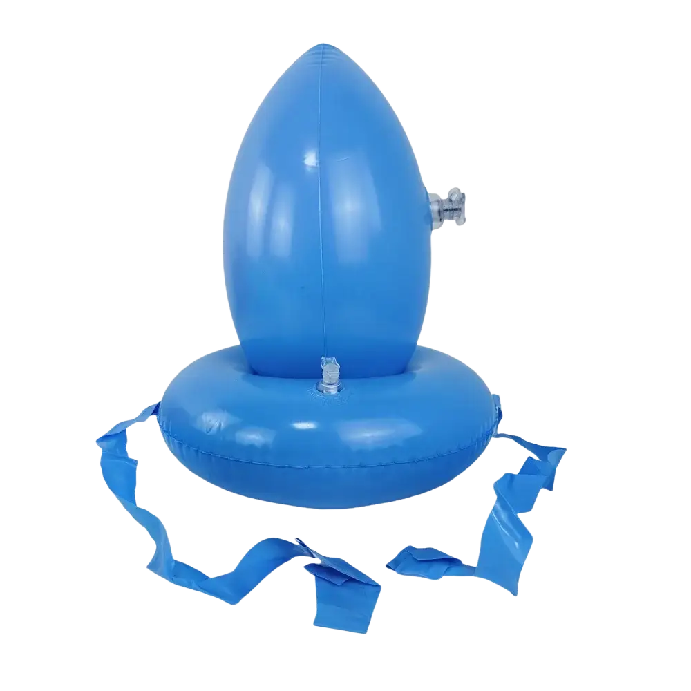 Blue inflatable pool float with teardrop top and two valve ports for inflation in easter egg and spoon race game set for kids