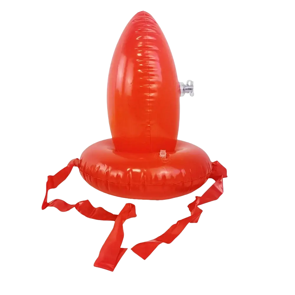 Bright orange inflatable rocket pool float with built-in spigot and red straps for Easter egg and spoon race game set