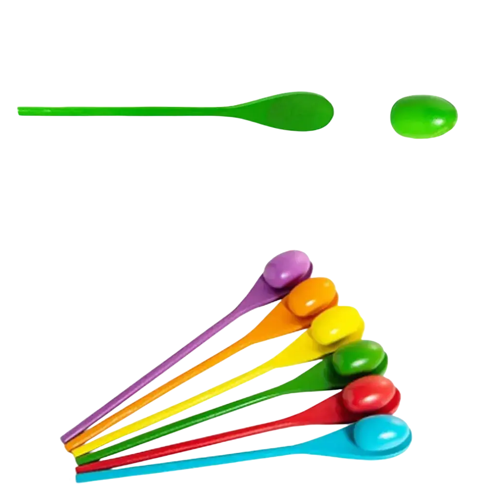 Set of colorful plastic spoons with rounded egg-shaped handles in rainbow hues for easter egg and spoon race game