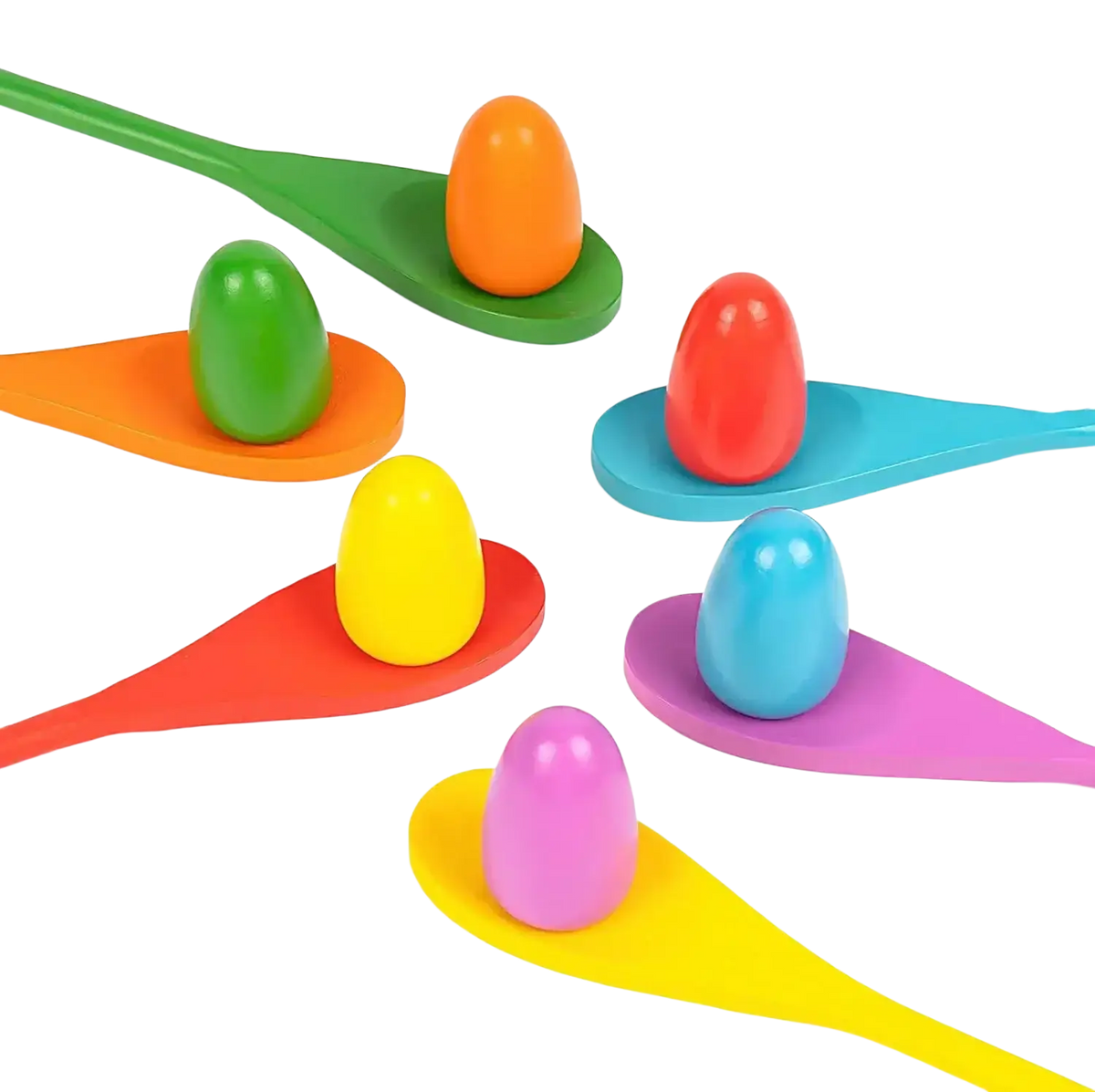 Easter egg and spoon race game set with colorful plastic egg-shaped toys resting on matching spoons for kids