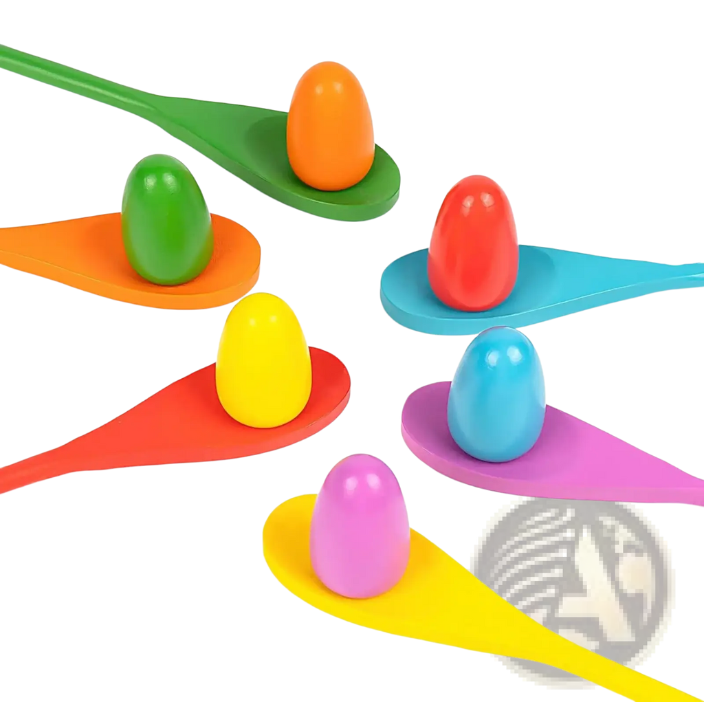 Easter egg and spoon race game set with colorful plastic egg-shaped toys on matching colored wooden spoons for kids