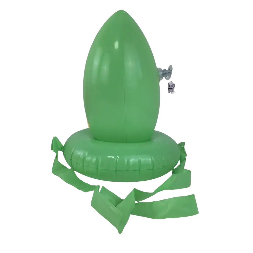 Green inflatable cactus pool float with built-in water pump included in easter egg and spoon race game set for kids