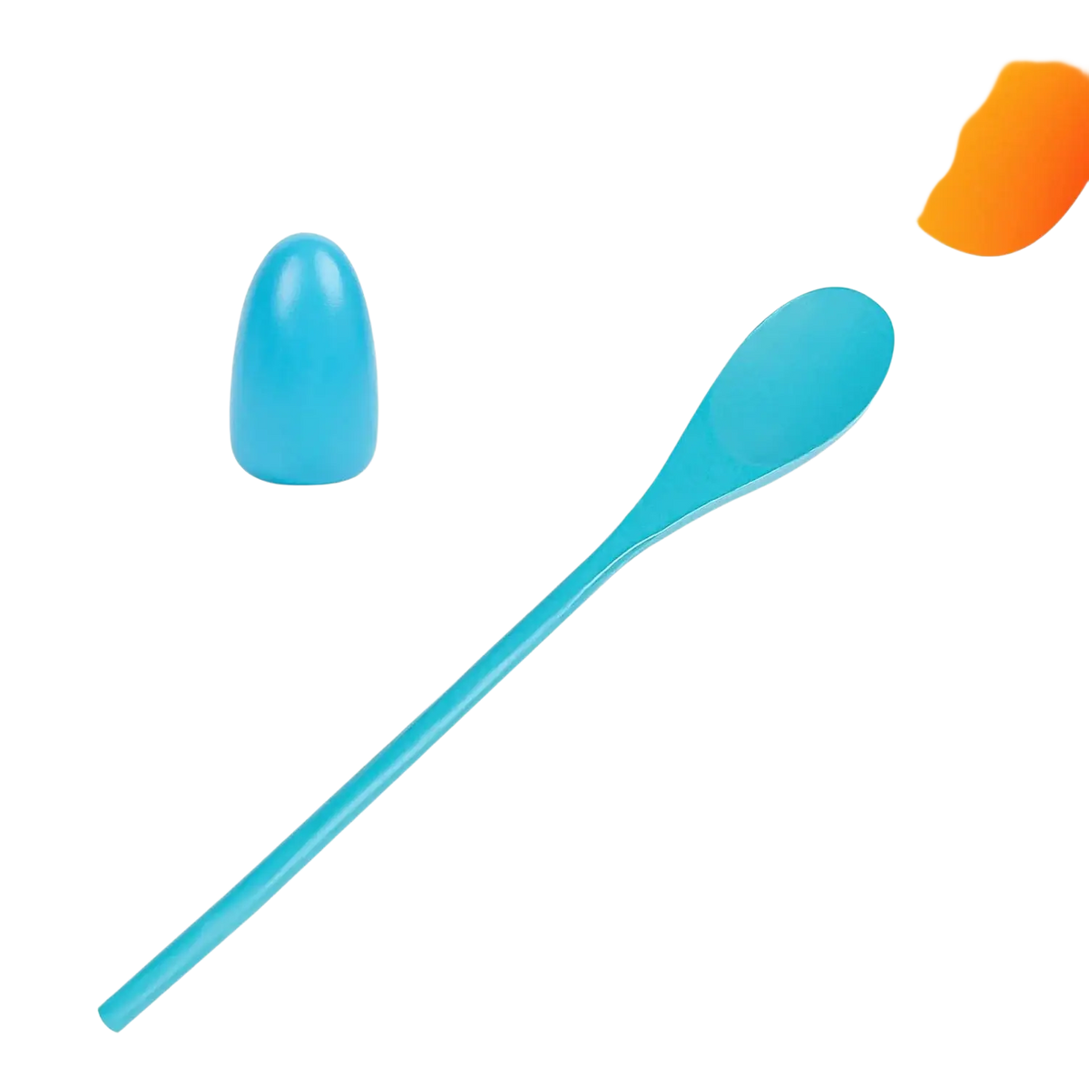 Turquoise plastic spoon with a rounded handle and elongated bowl in easter egg and spoon race game set for kids