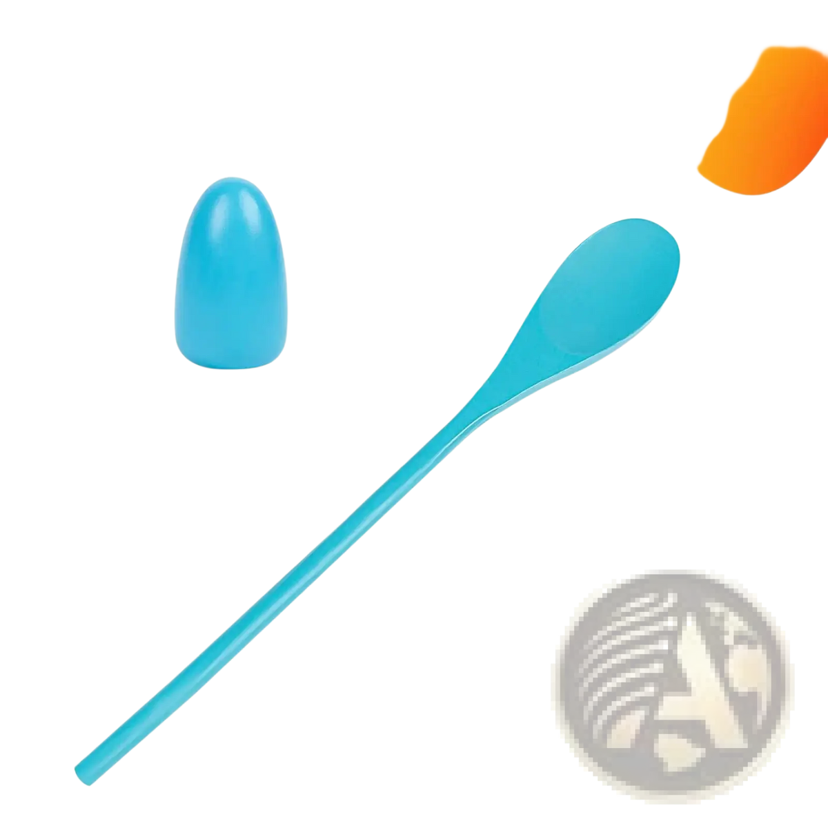 Turquoise plastic spoon with a rounded handle and elongated bowl in easter egg and spoon race game set for kids