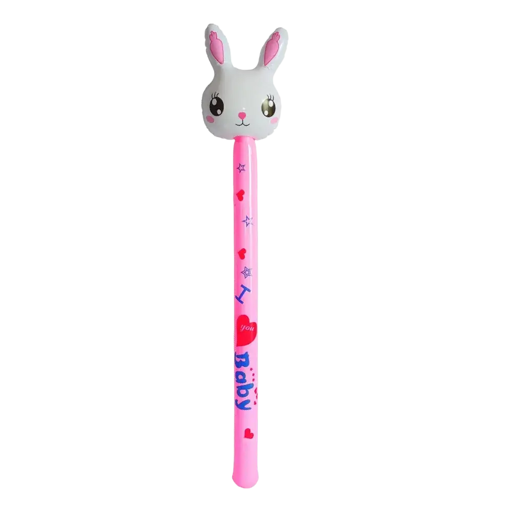 Pink inflatable bunny-shaped party blower with red hearts and blue stars in easter egg and spoon race game set for kids