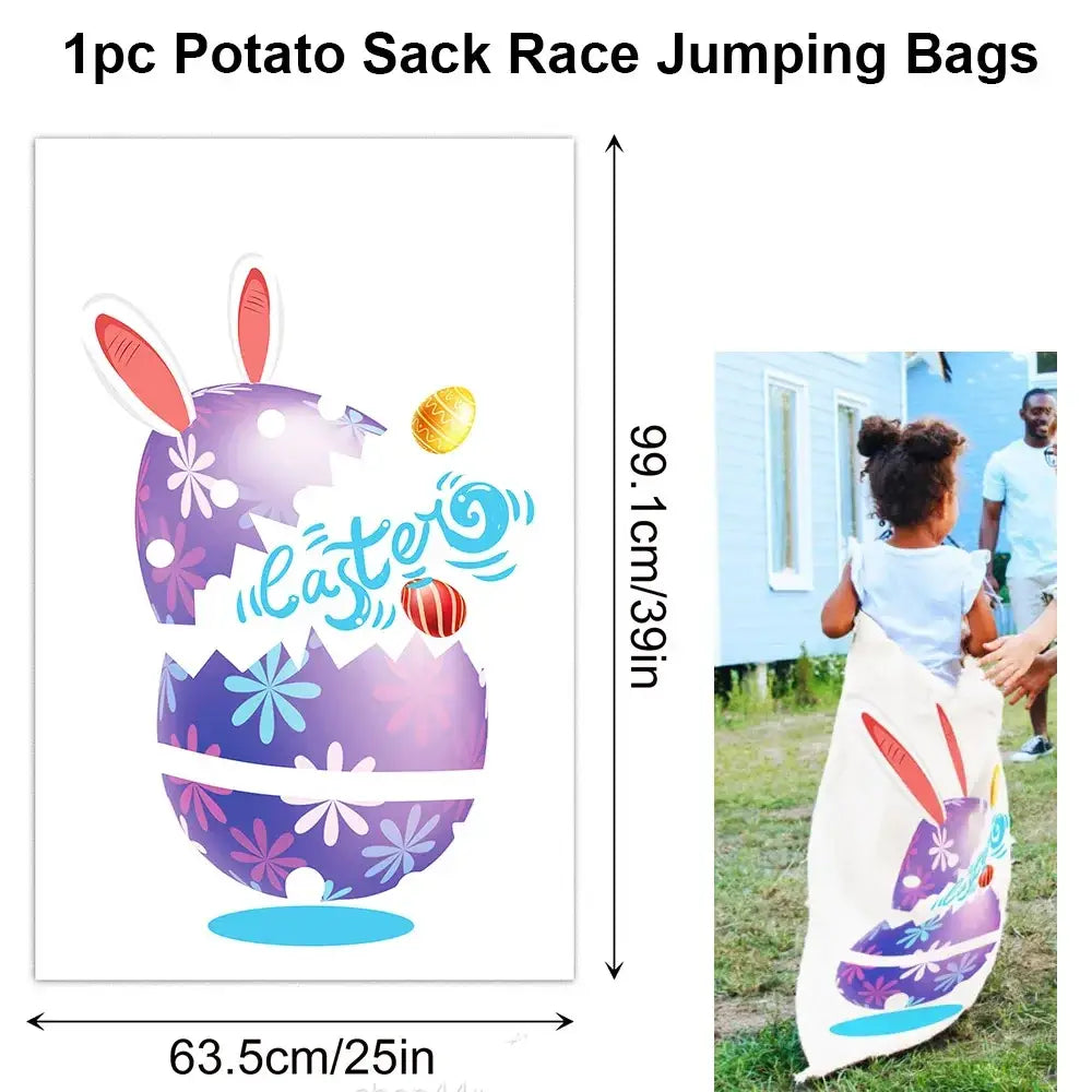 Easter egg and spoon race game set for kids featuring a purple and white easter-themed potato sack bag with bunny ears and floral patterns