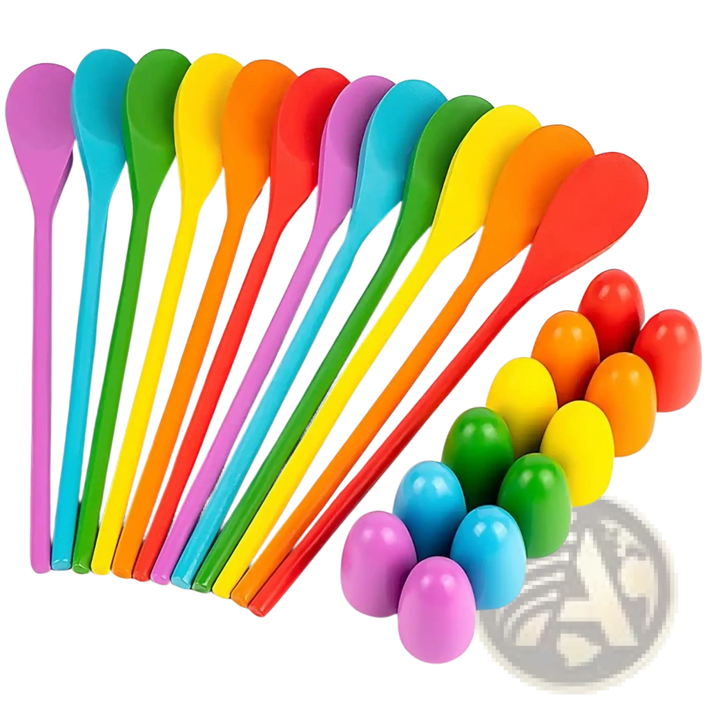 Easter egg and spoon race game set for kids featuring rainbow-colored plastic spoons and matching egg-shaped toys
