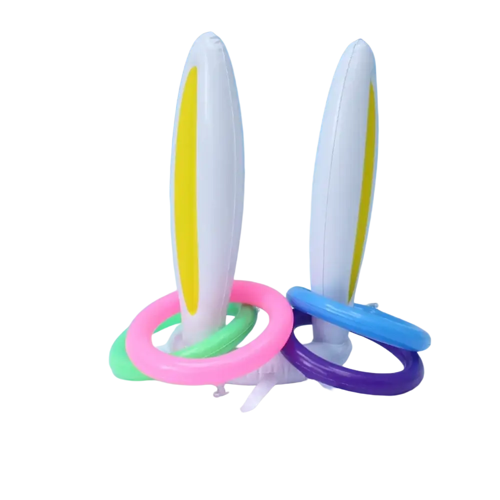 Easter egg and spoon race game set for kids with white inflatable bunny ears with yellow stripes and colorful plastic rings