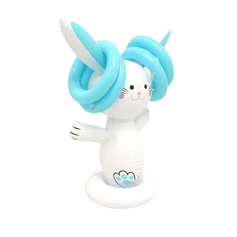 Easter egg and spoon race game set featuring a white inflatable bunny with light blue spiral balloon ears and paw print
