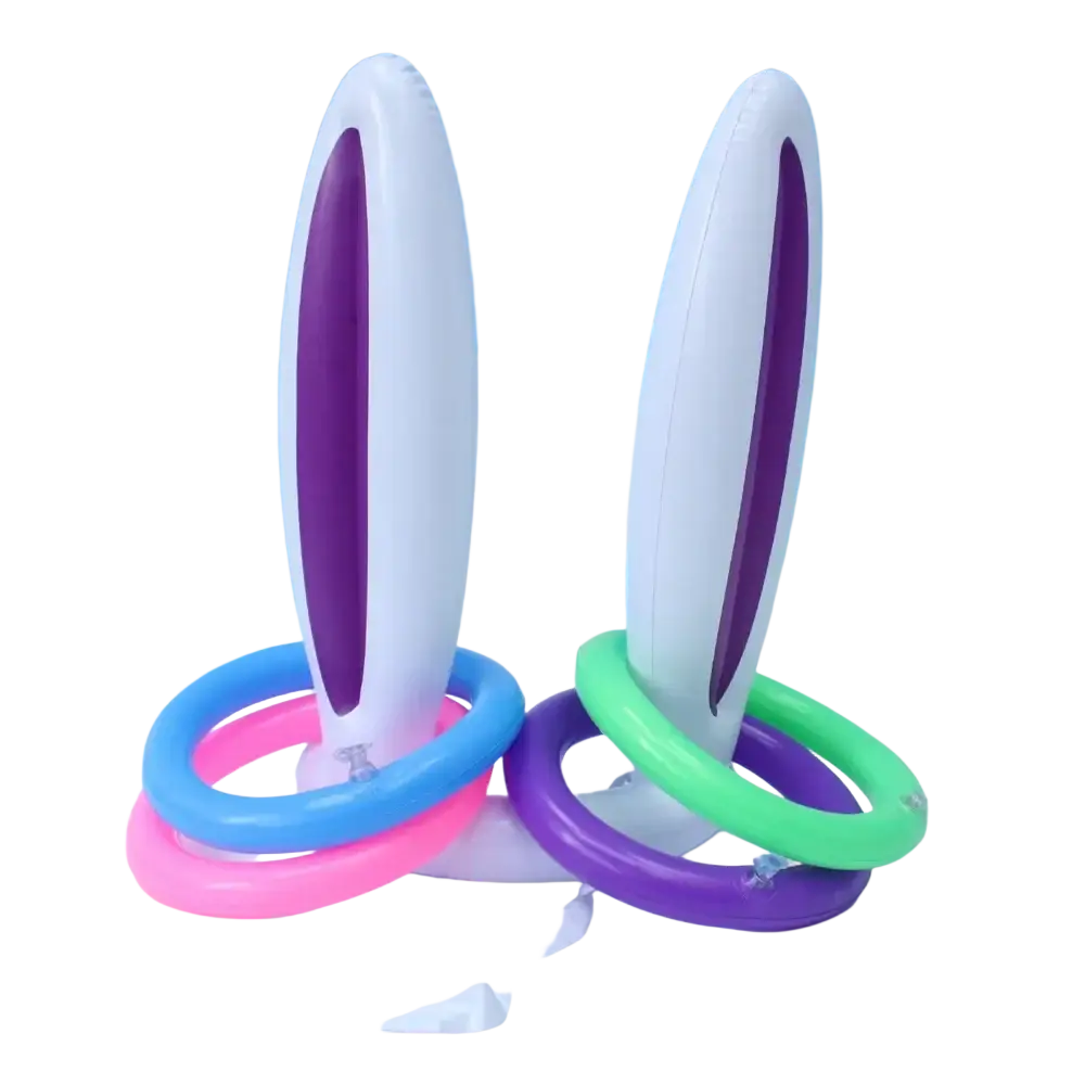 Easter egg and spoon race game set with white inflatable bunny ears with purple lining and colorful plastic rings