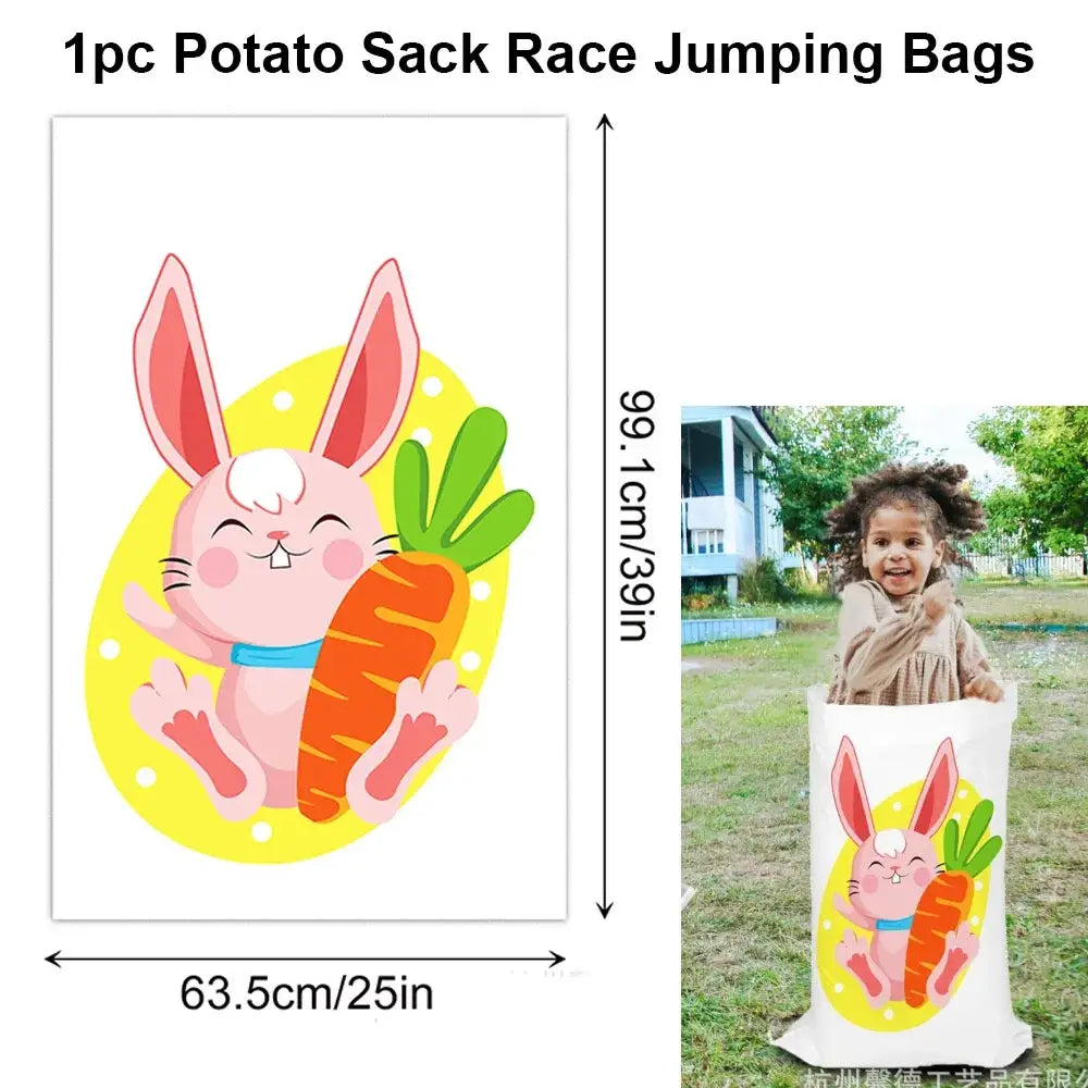 White potato sack race jumping bag with cheerful pink bunny holding orange carrot on yellow background for kids game