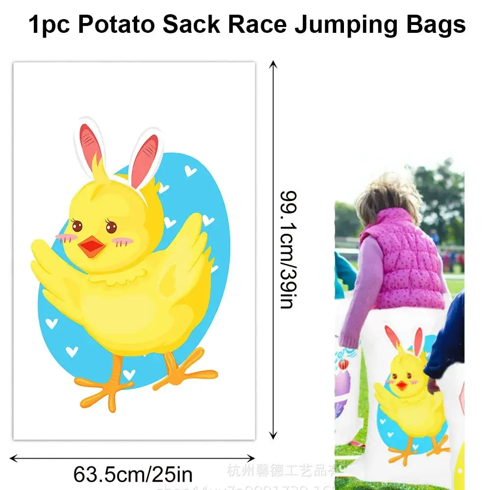 Yellow cartoon chick with pink ears and orange beak printed on white potato sack in easter egg and spoon race game set for kids