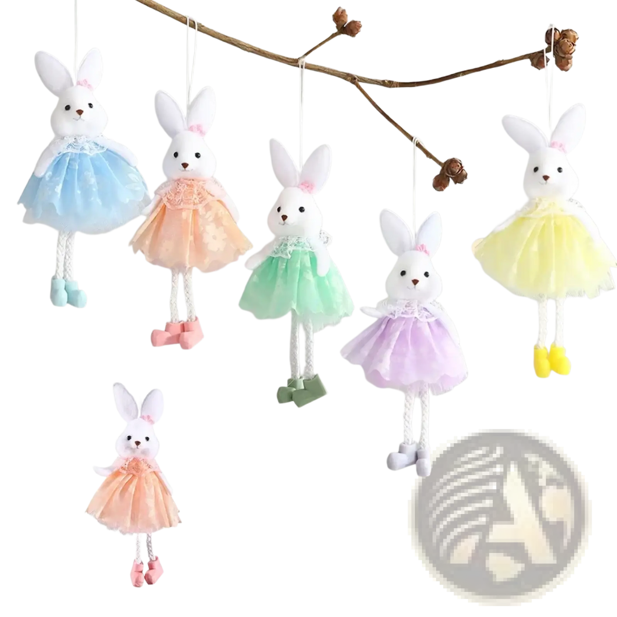 Pastel-colored plush bunny ornaments with lace-trimmed tutus and matching shoes hanging from strings in easter fairy set