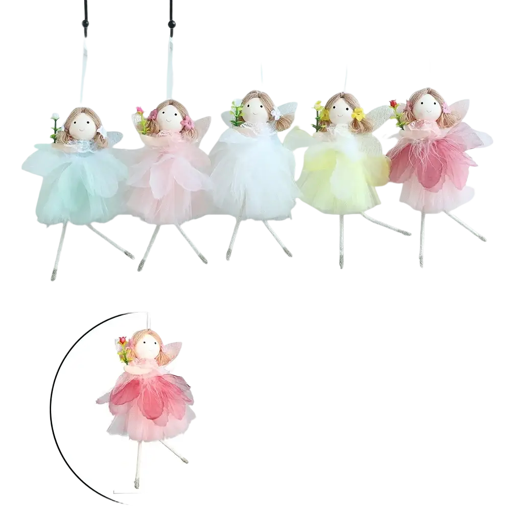 A set of five delicate pastel fairy dolls dressed in sheer tulle tutus with tiny flowers for easter decoration