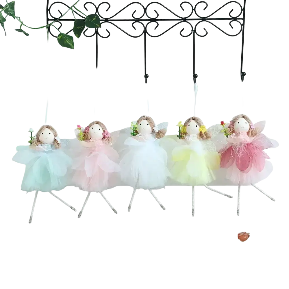 Five delicate easter fairy dolls in pastel tulle skirts with embroidered faces in a bunny ornaments set