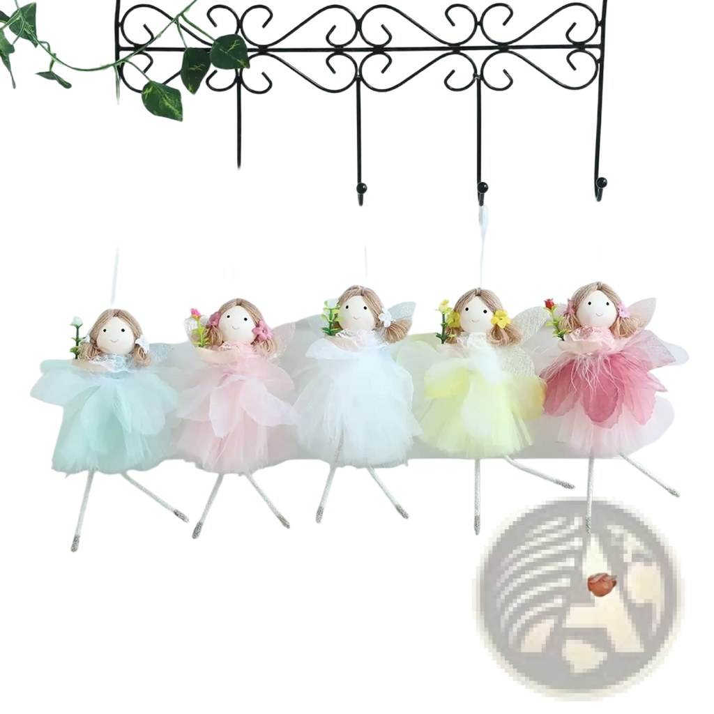 Easter fairy and bunny ornaments set with five delicate fairy dolls in pastel tulle skirts and floral accents