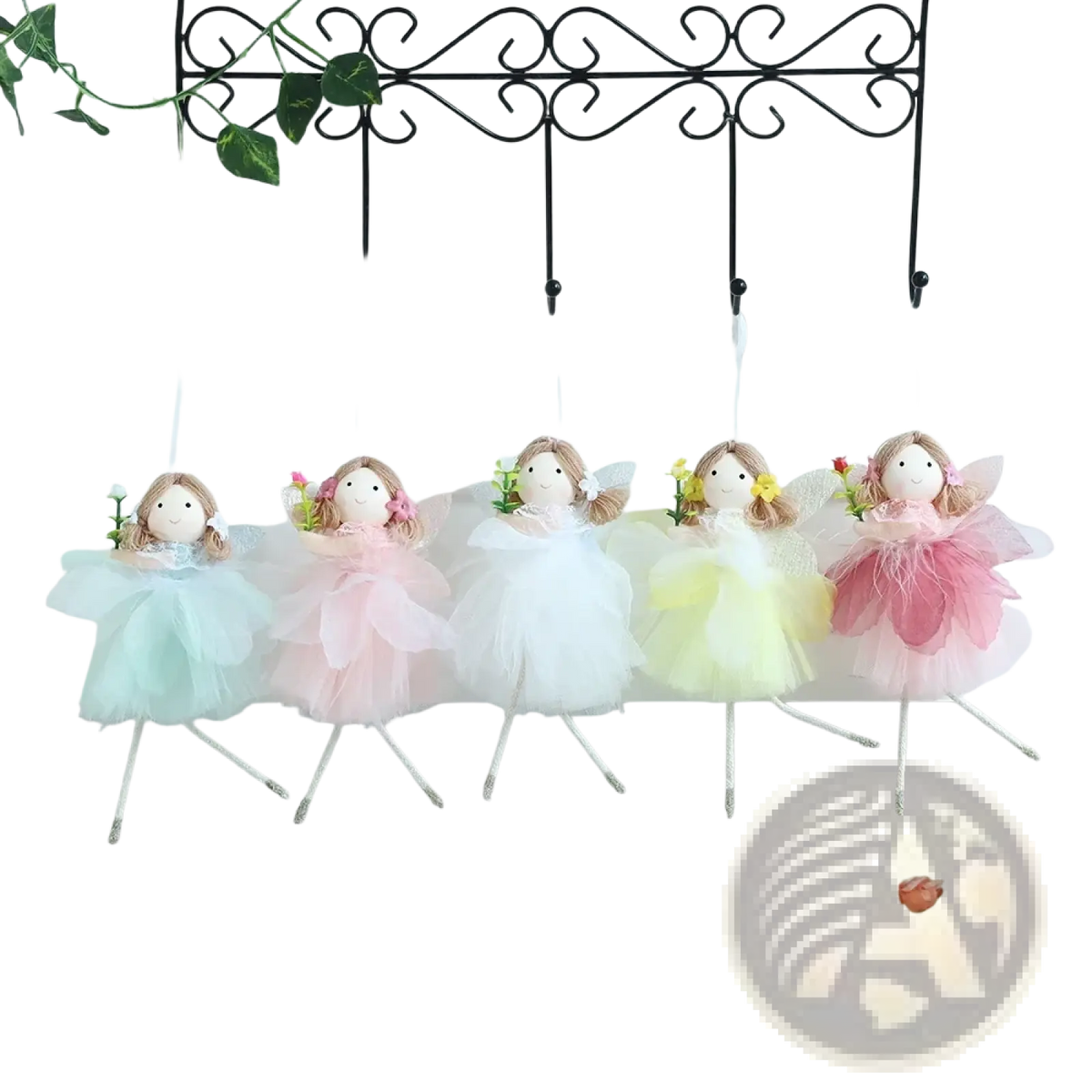 Easter fairy and bunny ornaments set with five delicate fairy dolls in pastel tulle skirts and floral accents