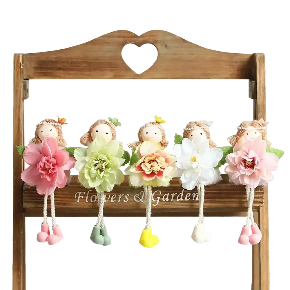 Five soft fabric easter fairy and bunny ornaments set with colorful felt flower heads for festive decoration