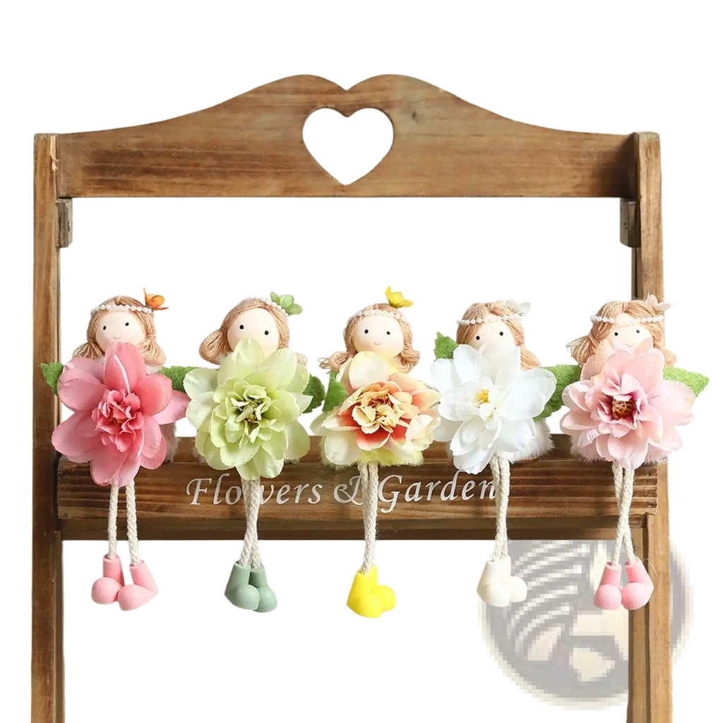Five charming easter fairy and bunny doll ornaments with pastel fabric flowers and soft dangling feet