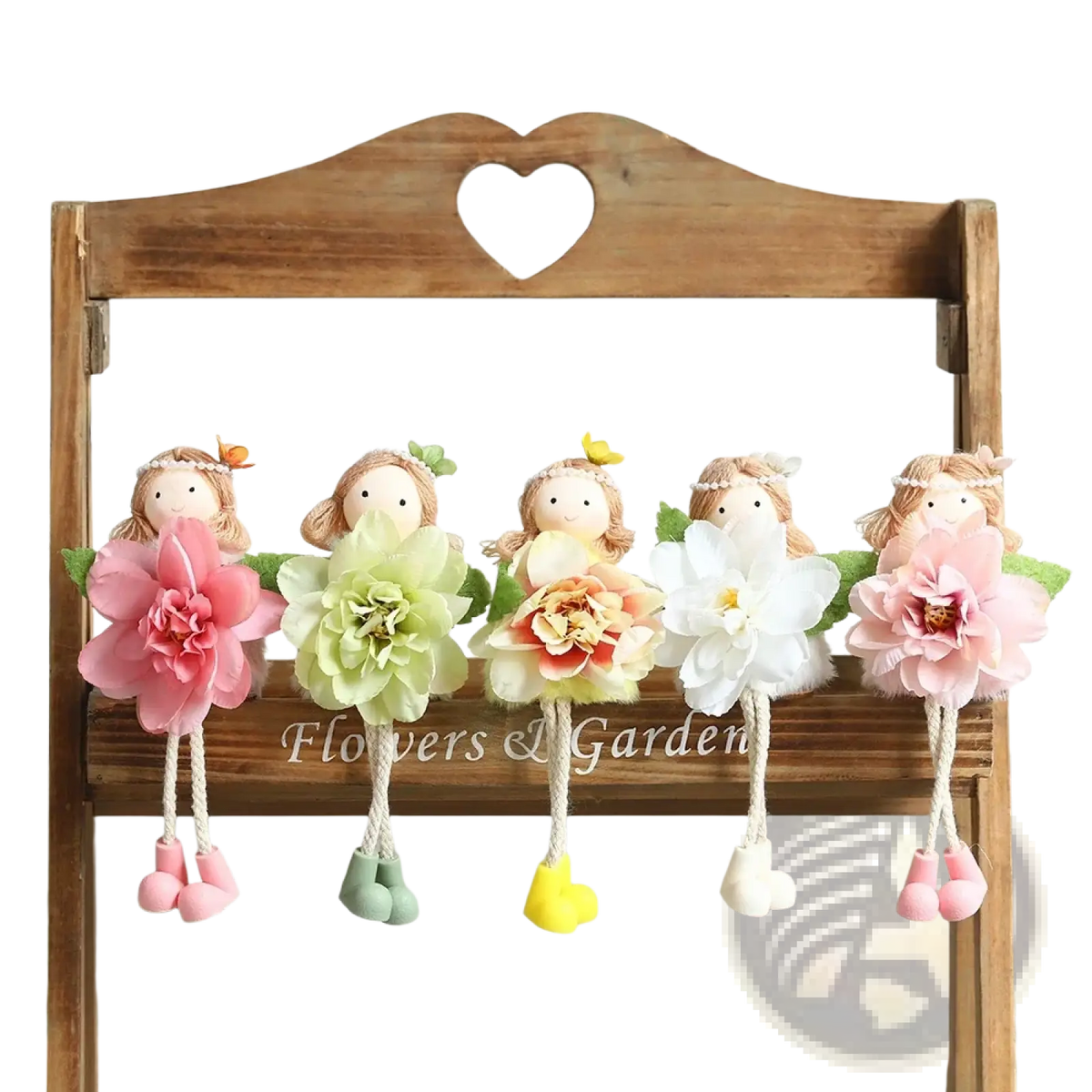 Five charming easter fairy and bunny doll ornaments with pastel fabric flowers and soft dangling feet
