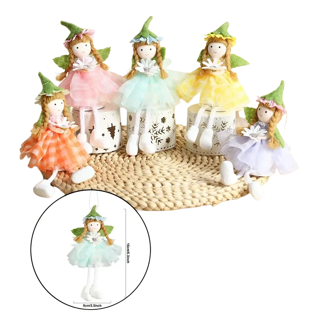 Set of five handmade Easter fairy ornaments with green pointed hats and pastel lace dresses in pink mint blue yellow orange and lavender