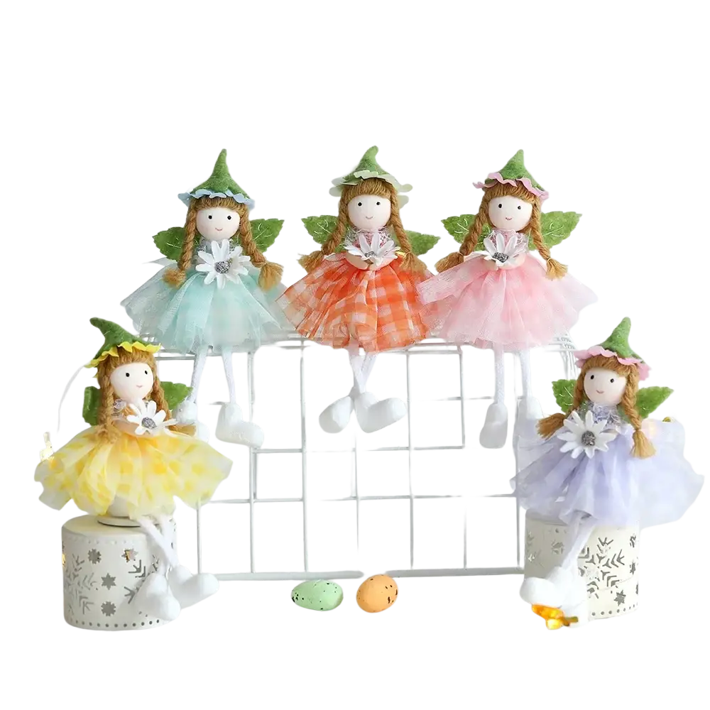 Five handmade easter fairy ornaments with green pointed hats and pastel tulle skirts in mint orange pink yellow and lavender