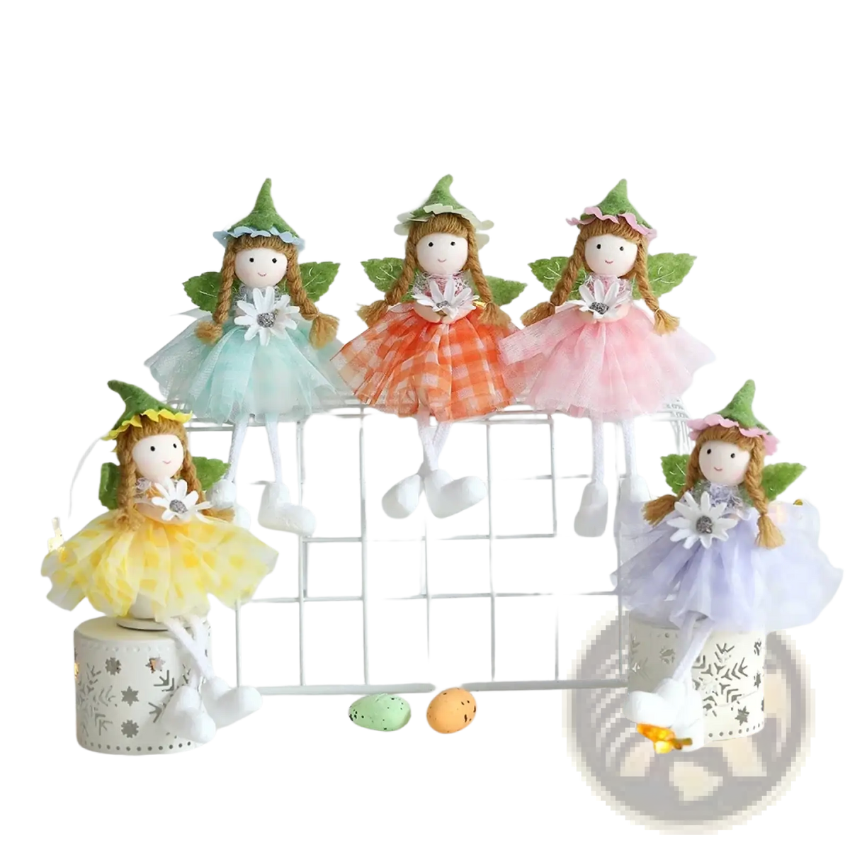 Five handmade easter fairy ornaments with green pointed hats and pastel tulle skirts in mint orange pink yellow and lavender