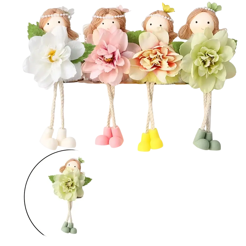 Set of four decorative hanging Easter fairy ornaments with soft fabric bodies and colorful flower accessories