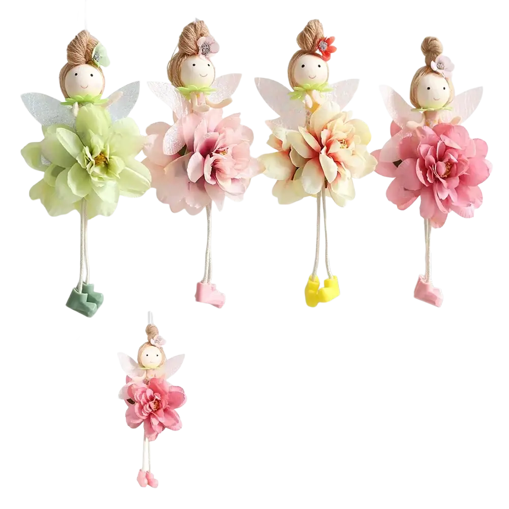 Four delicate Easter fairy ornaments with embroidered faces, translucent wings, and floral skirts in pastel hues