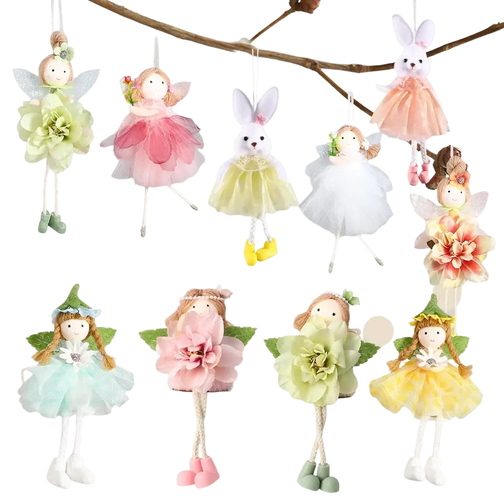 Easter fairy and bunny ornaments set featuring pastel colors delicate fabric dresses floral accents embroidered faces