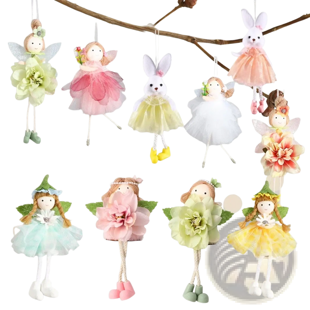 Easter fairy and bunny ornaments set featuring pastel colors delicate fabric dresses floral accents embroidered faces