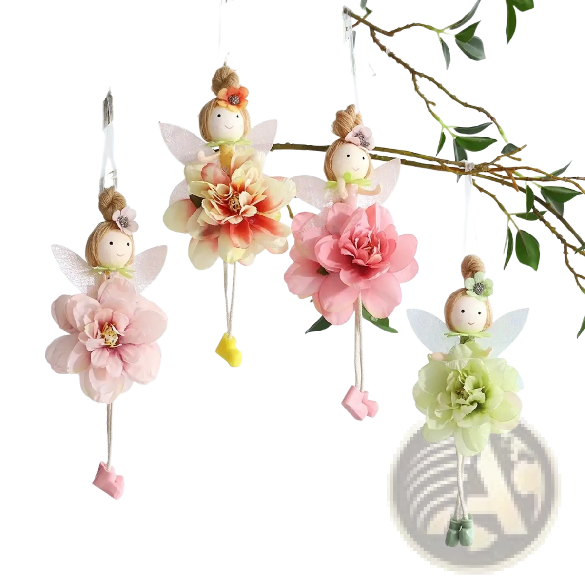 Easter fairy and bunny ornaments set featuring pastel-colored fairy ornaments with fabric flowers and translucent wings hanging from a branch