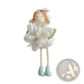 A charming blonde Easter fairy hanging ornament wearing a pearl headband pink flower and a fluffy white gown with green leaves