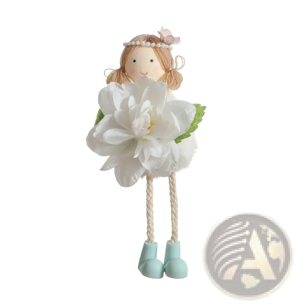 A charming blonde Easter fairy hanging ornament wearing a pearl headband pink flower and a fluffy white gown with green leaves