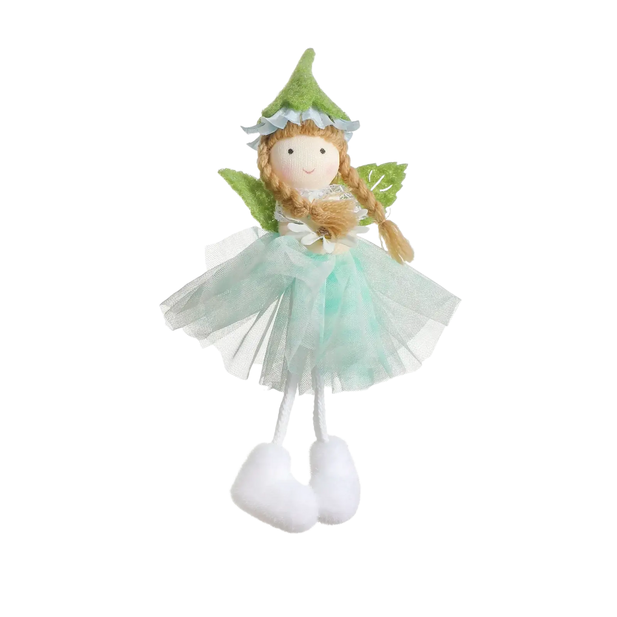 A delicate fairy doll ornament with braided blonde hair green pointed hat leaf wings mint tulle skirt and white boots