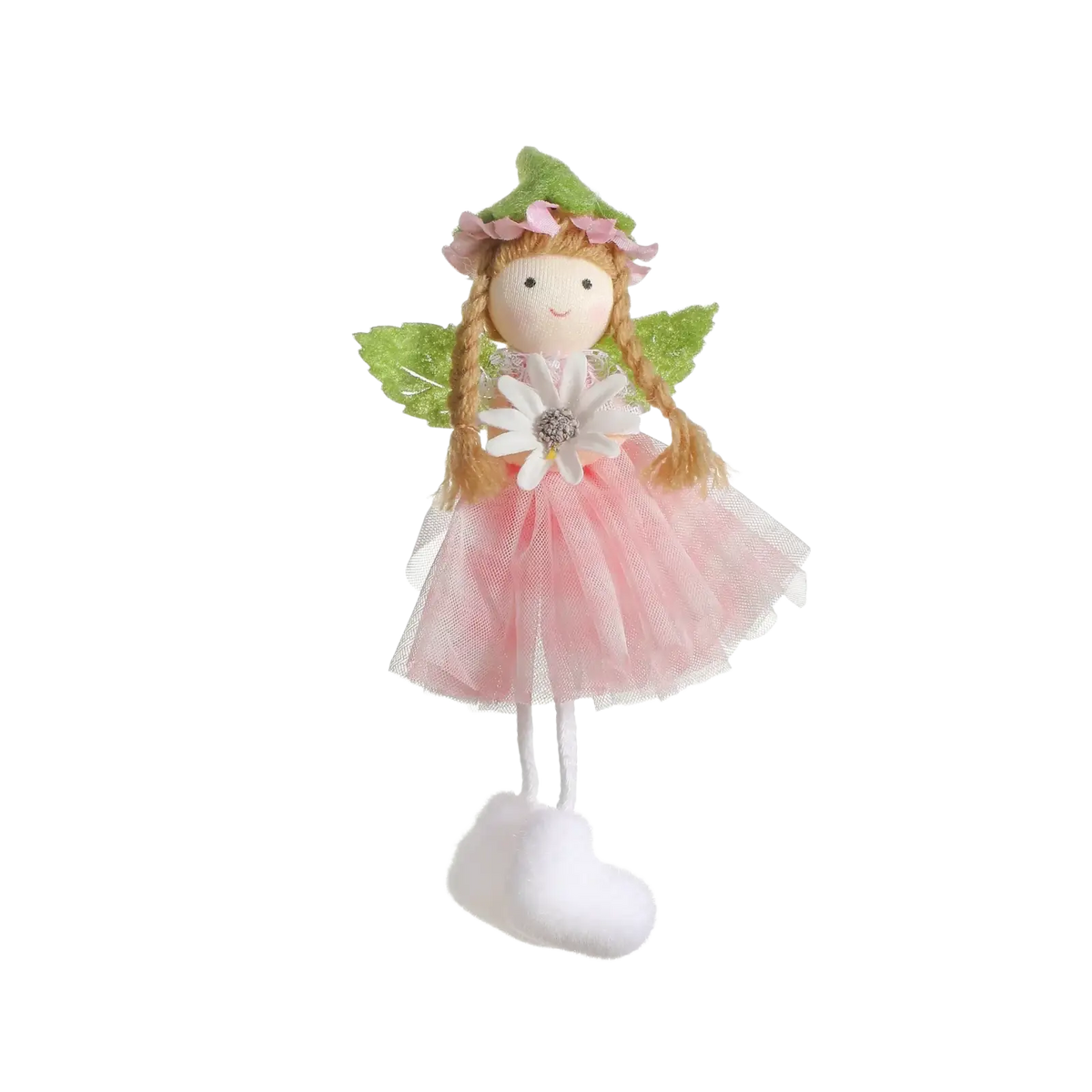 Easter fairy hanging ornament featuring a delicate pink doll with golden braided hair and green leaf wings