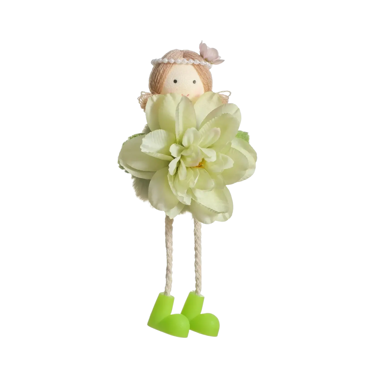 Easter fairy hanging ornament with beige face, blonde yarn hair, pearl headband, pale green fabric flower dress, lime-green boot feet