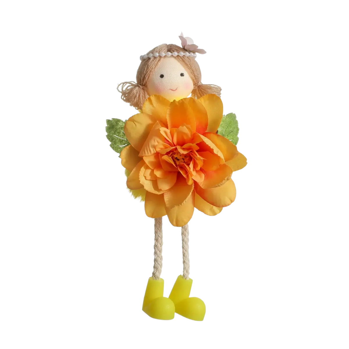 Easter fairy hanging ornament featuring a doll with blonde braided hair in an orange yellow flower dress and yellow boots