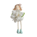 A charming blonde Easter fairy hanging ornament wearing a pearl headband pink flower and a fluffy white gown with green leaves