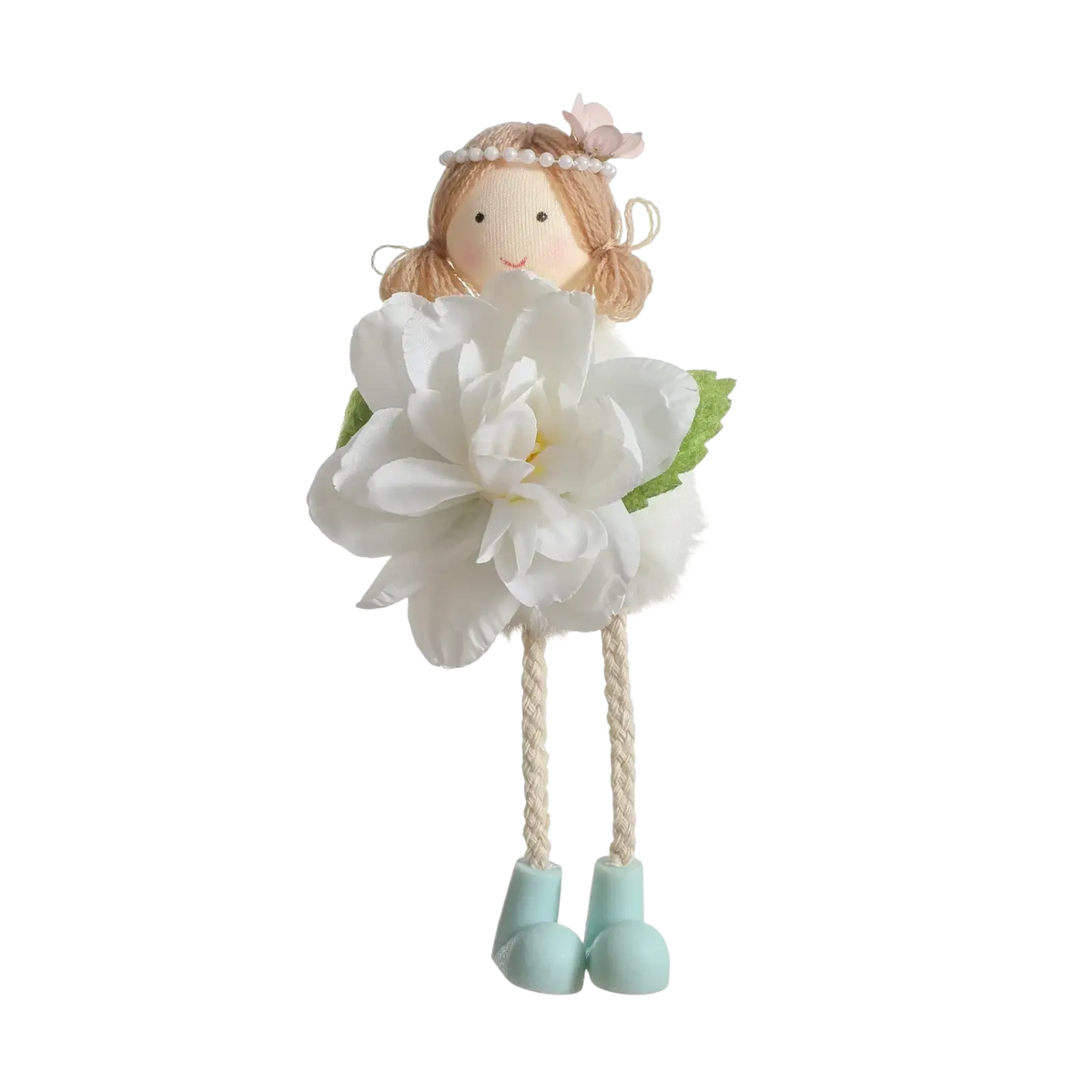 A charming blonde Easter fairy hanging ornament wearing a pearl headband pink flower and a fluffy white gown with green leaves
