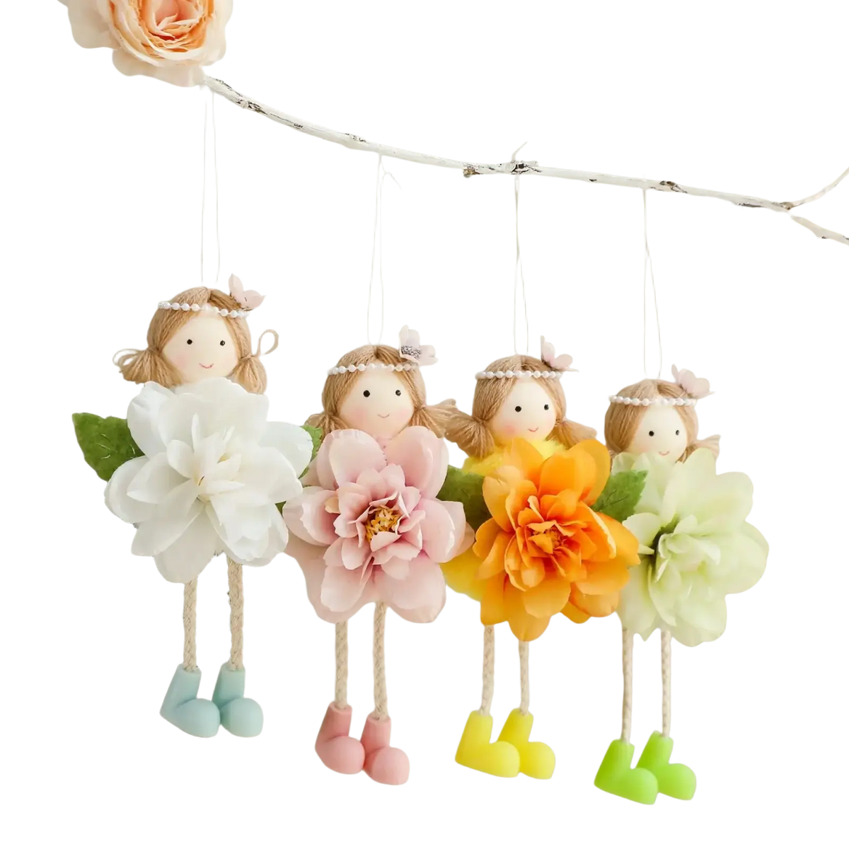 Easter fairy hanging ornaments 4-pack with blonde hair, pearl headbands, oversized fabric flowers, and colorful boot feet